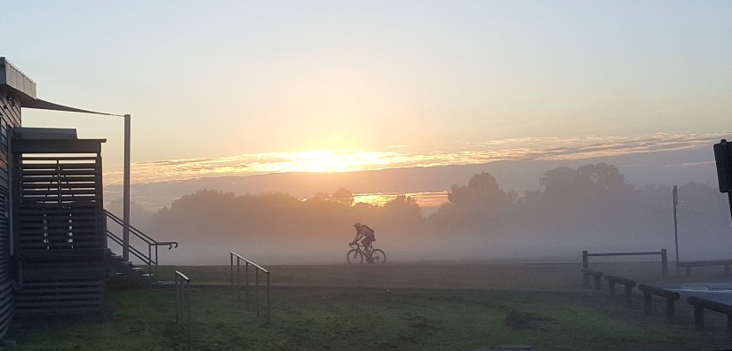 journey with a cyclist riding in a fog early morning